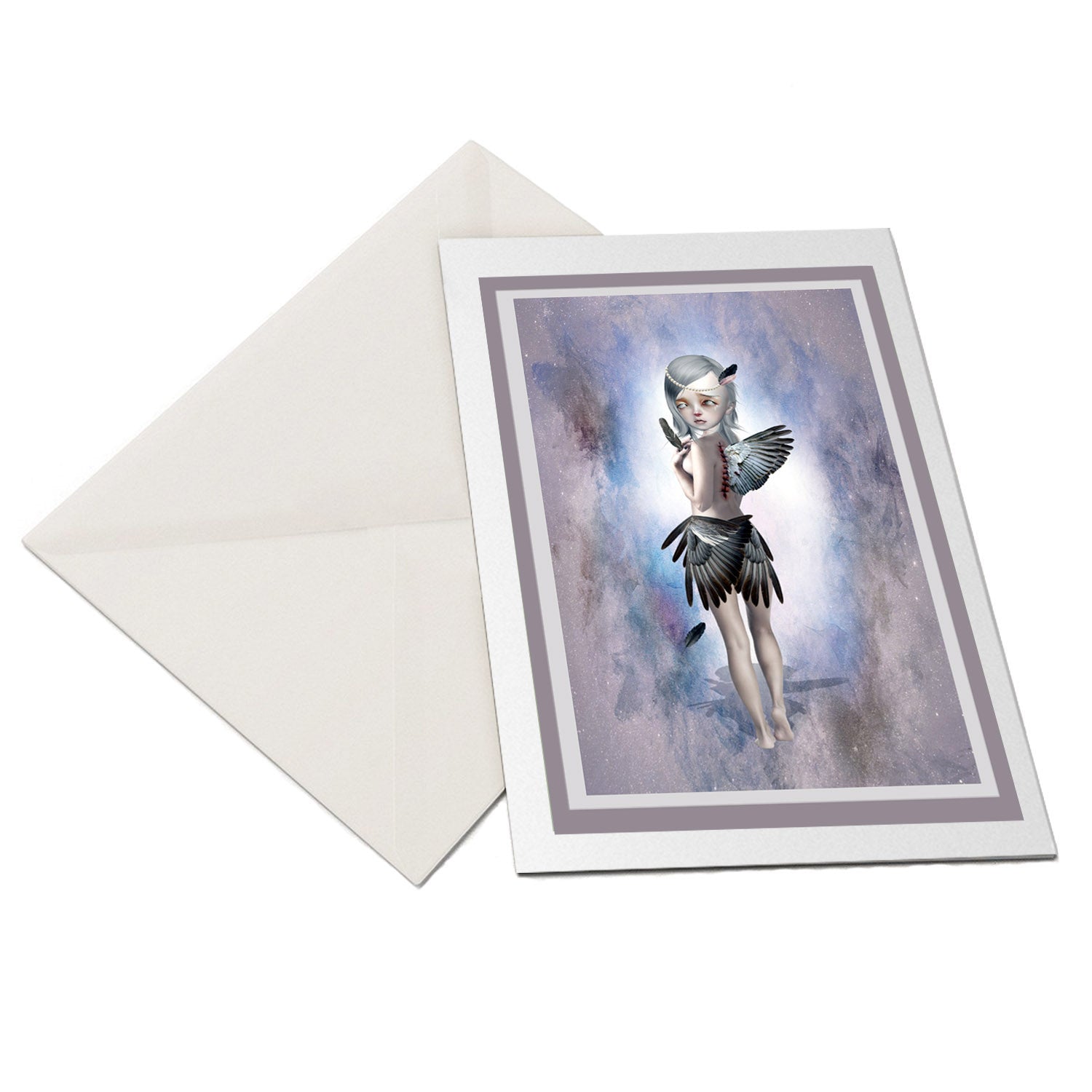 The flat-lay of the broken angel greeting card and matching envelope is ideal for any occasion.