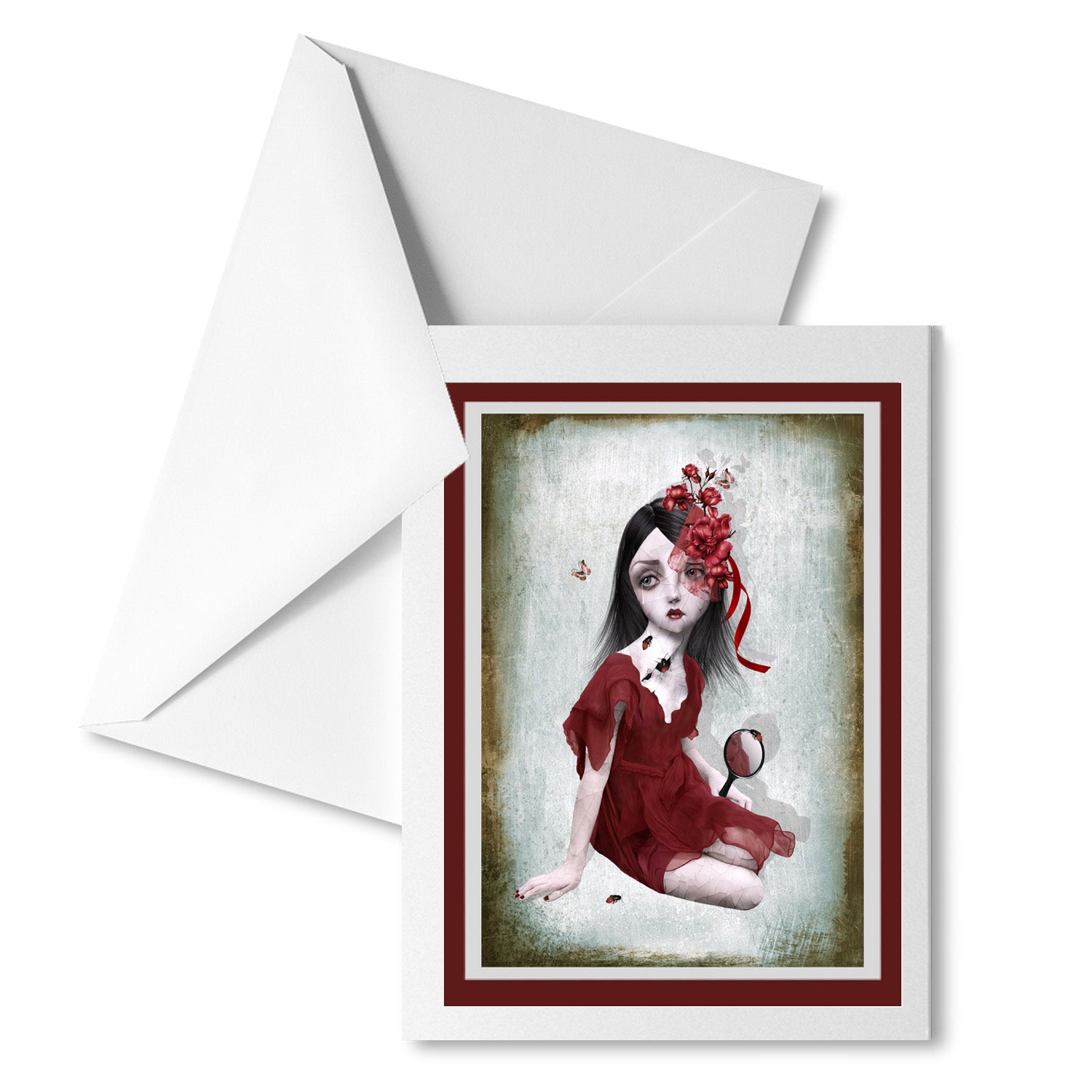 Surreal Bug Girl Art Greeting Card features a sad girl with cracked porcelain skin holding a hand mirror, with bugs crawling out from within the cracks.