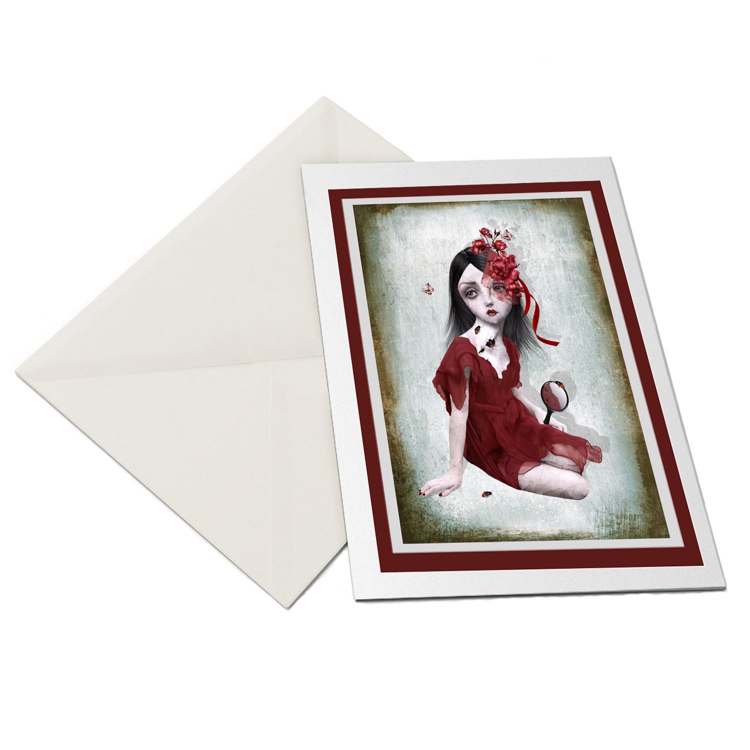 Surreal  Art Greeting Card features a sad girl with cracked porcelain skin holding a hand mirror, with bugs crawling out from within the cracks.