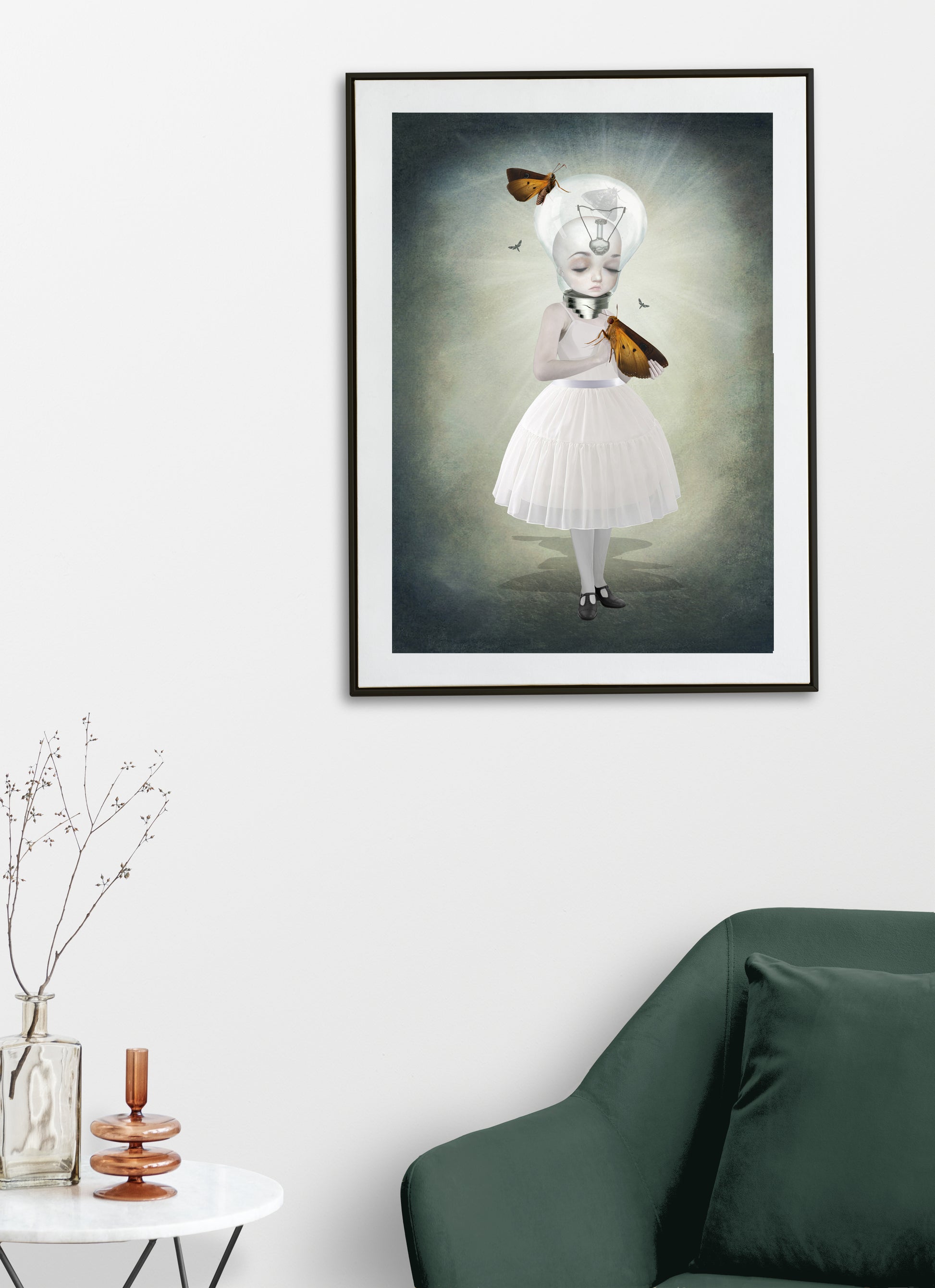 Bulb girl and moths art print hanging on the wall of a modern living room. Perfect for adding a surreal touch to fantasy or alternative home decor.