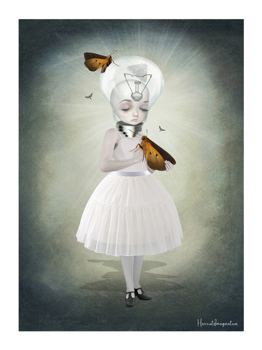 A surreal fantasy art print featuring a bulb girl and moths, displayed without a frame.