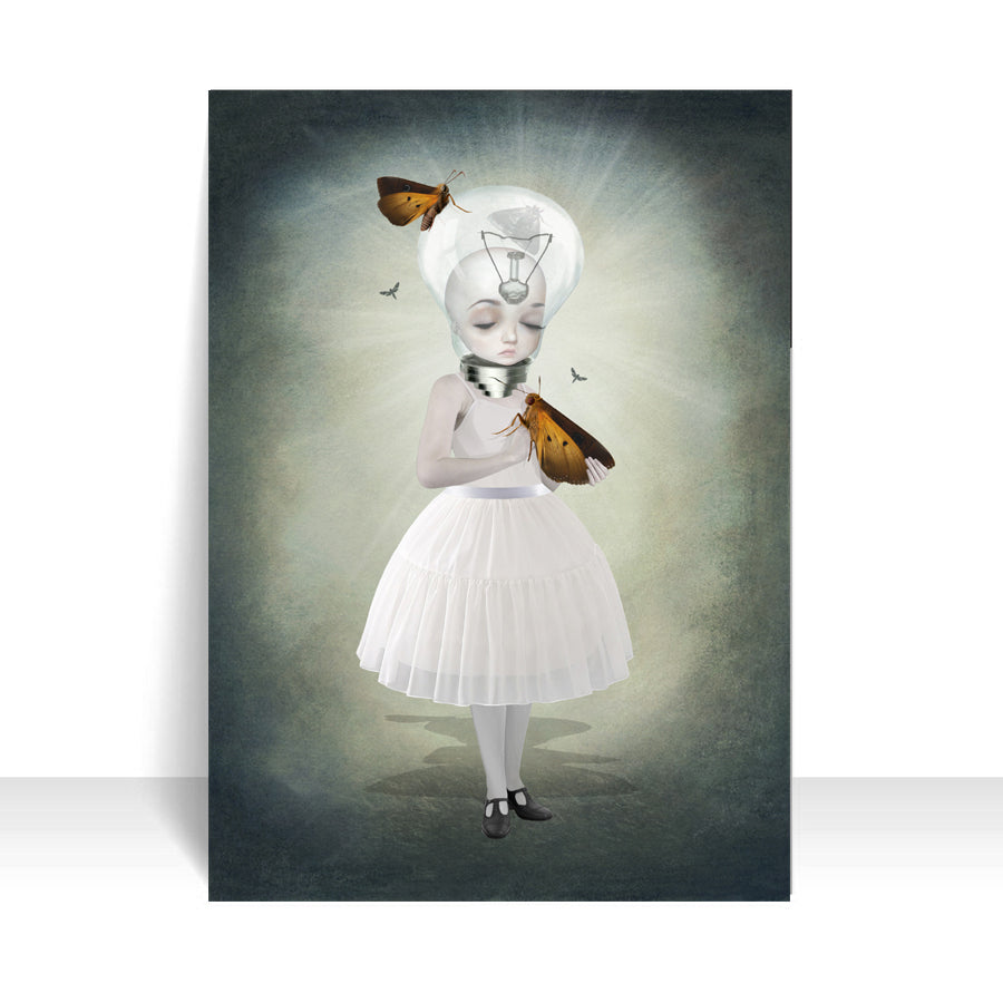 Close-up of bulb girl and moths ACEO art card against a white background, highlighting its intricate surreal fantasy details.