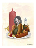 Illustration of a sad mermaid sitting on a plate as a hot dog, with mustard, ketchup, and relish.