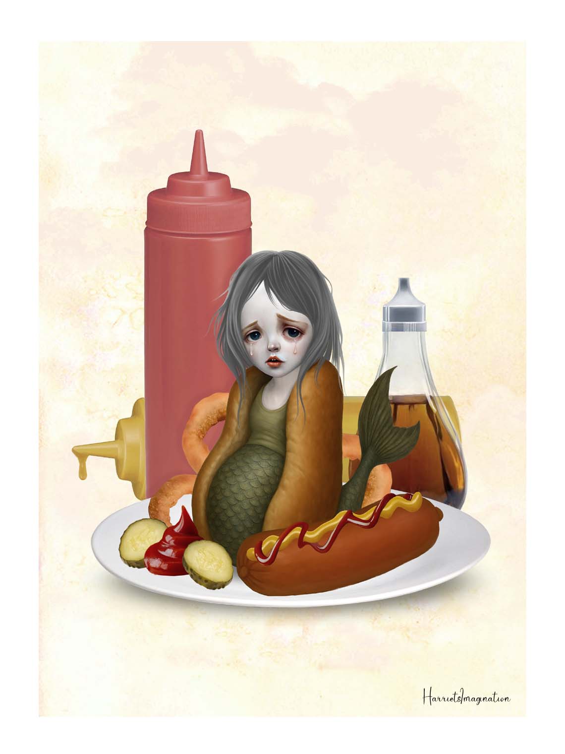Illustration of a sad mermaid sitting on a plate as a hot dog, with mustard, ketchup, and relish.
