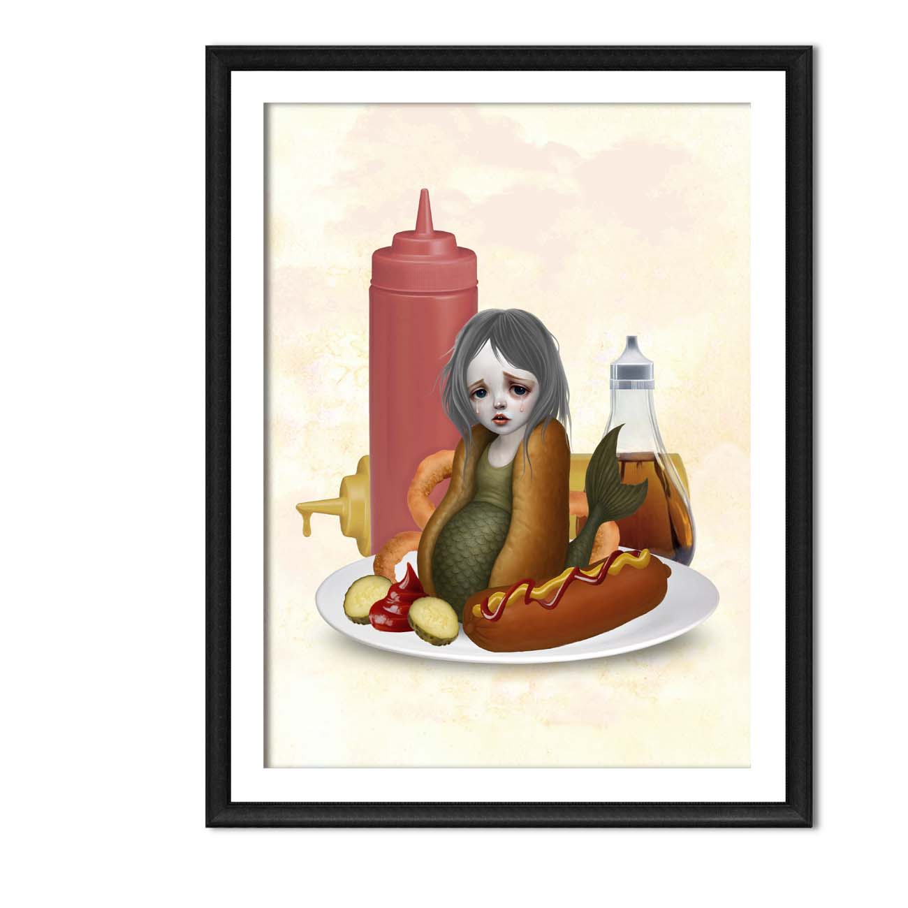 Framed artwork of a sad mermaid sitting between an hot dog bun with condiments around.
