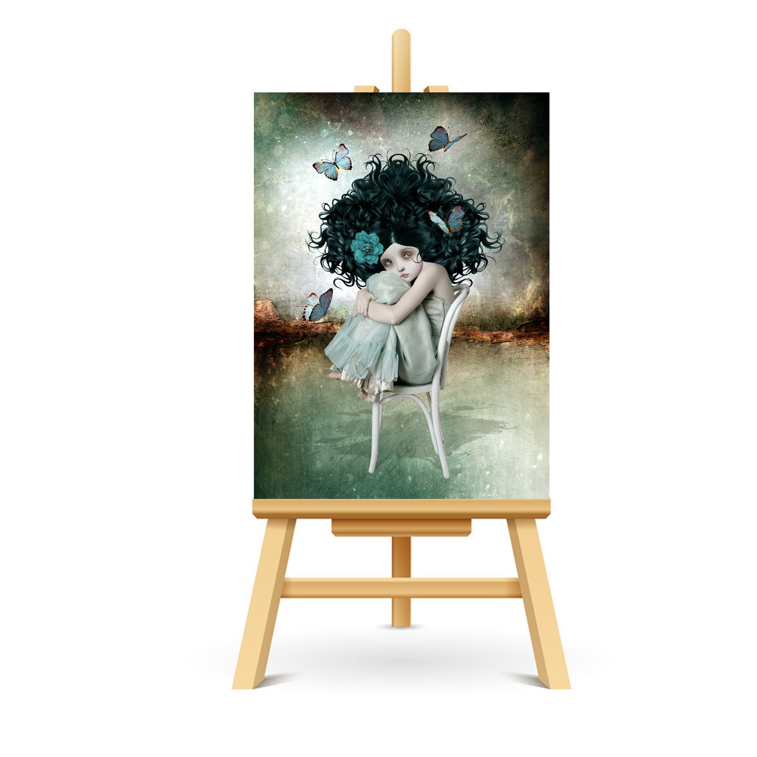 Surreal Butterfly Girl Art. This miniature collectible artwork features a girl with bouffant hair, peacefully surrounded by fluttering butterflies.