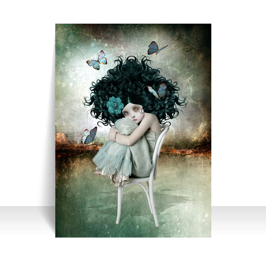  Butterfly Girl ACEO. This miniature collectible artwork features a girl with bouffant hair, peacefully surrounded by fluttering butterflies.