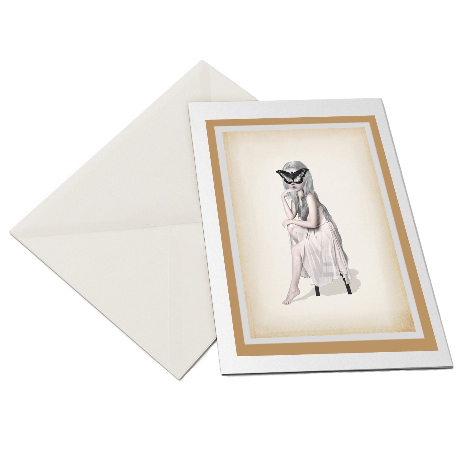 Surreal greeting card and envelope featuring a girl sitting quietly with a giant butterfly gently covering her face.