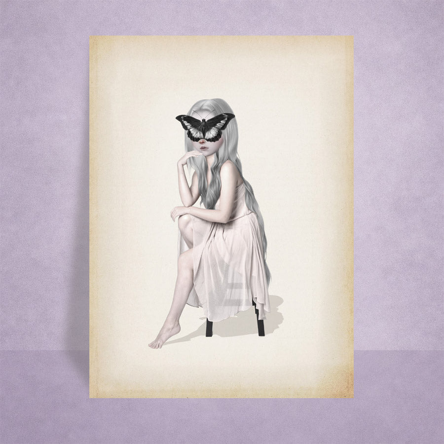 Girl with a butterfly on her face ACEO art card print against lilac background.
