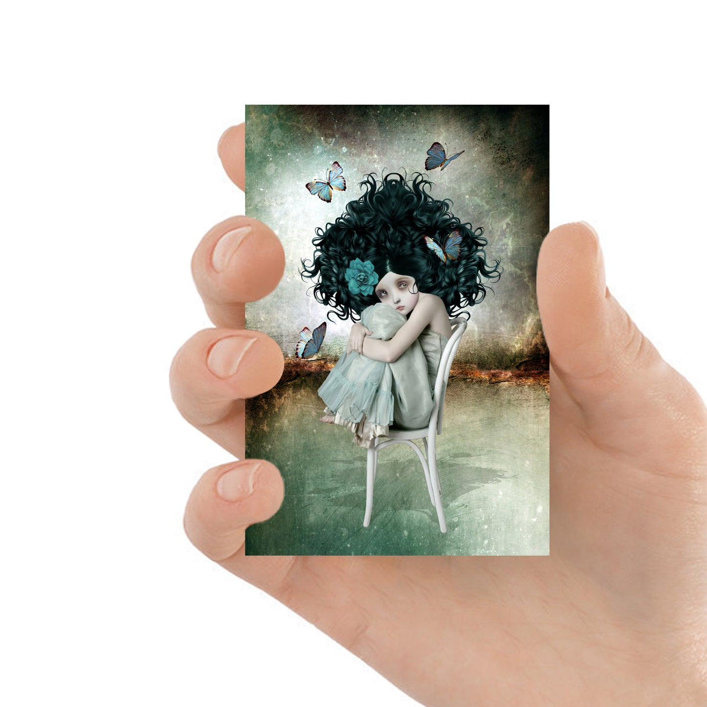  This miniature collectible artwork features a girl with bouffant hair, peacefully surrounded by fluttering butterflies.