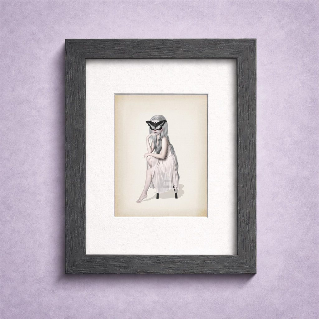 Girl with a butterfly on her face ACEO art card print in miniature display frame.