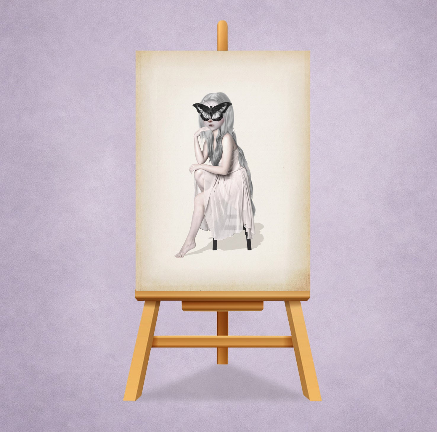 Girl with a butterfly on her face ACEO art card print displayed on a small easel.