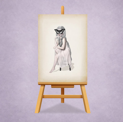 Girl with a butterfly on her face ACEO art card print displayed on a small easel.