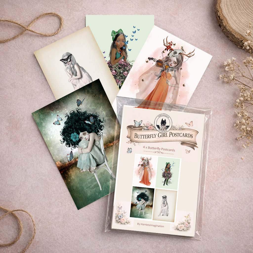 Butterfly girl art postcard set featuring 4 x postcards.