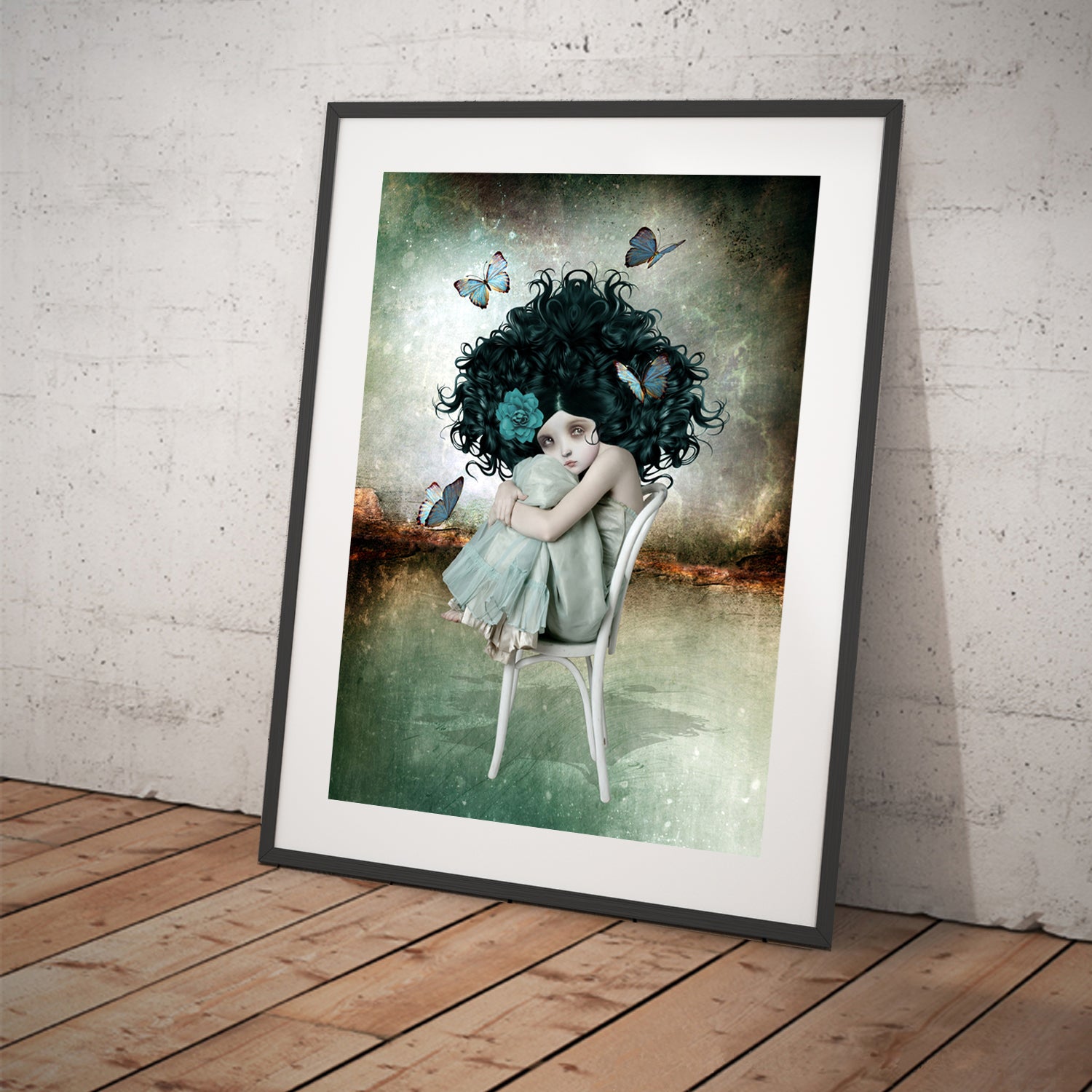 Butterfly print features a surreal image of a sullen girl with bouffant hair sitting on a chair, surrounded by fluttering butterflies.