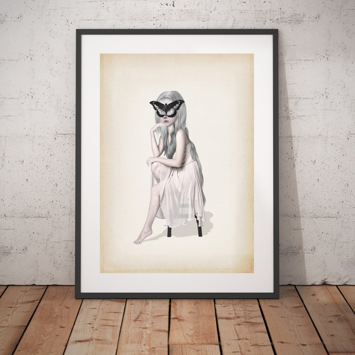 Surrealism Art Print depicts a dreamy girl in a flowing white dress, with a giant butterfly delicately resting on her face. 