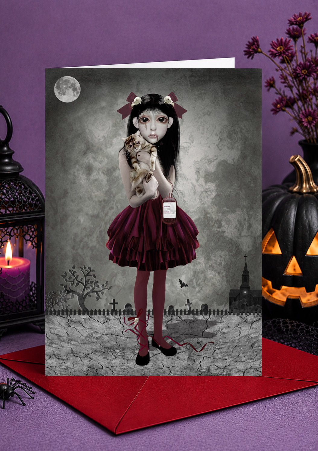 Gothic vampire girl with dark hair holding a cat and blood bag in a spooky cemetery under a full moon.