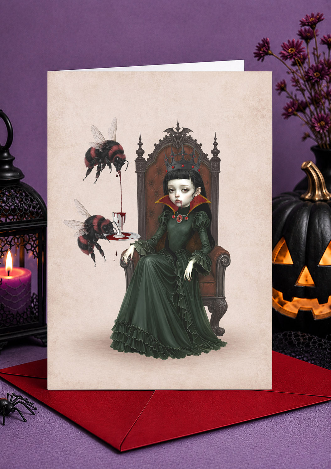 Gothic vampire queen sitting on a dark wooden throne flanked by two large bumblebees dripping blood.