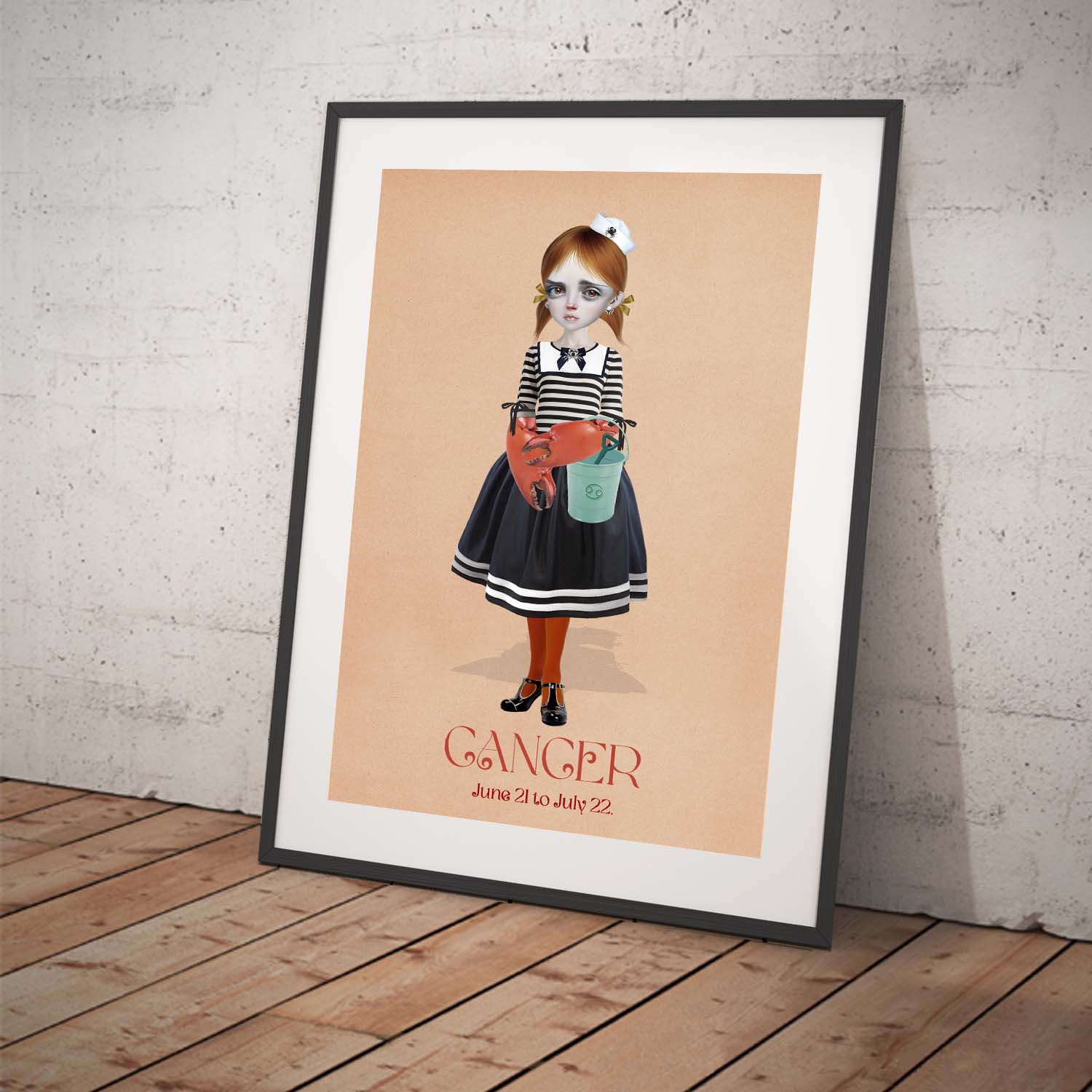 Star sign art print featuring a girl representing the star sign Cancer. Displayed in a tilted frame for a stylish presentation. Perfect for astrology or horoscope-themed decor.