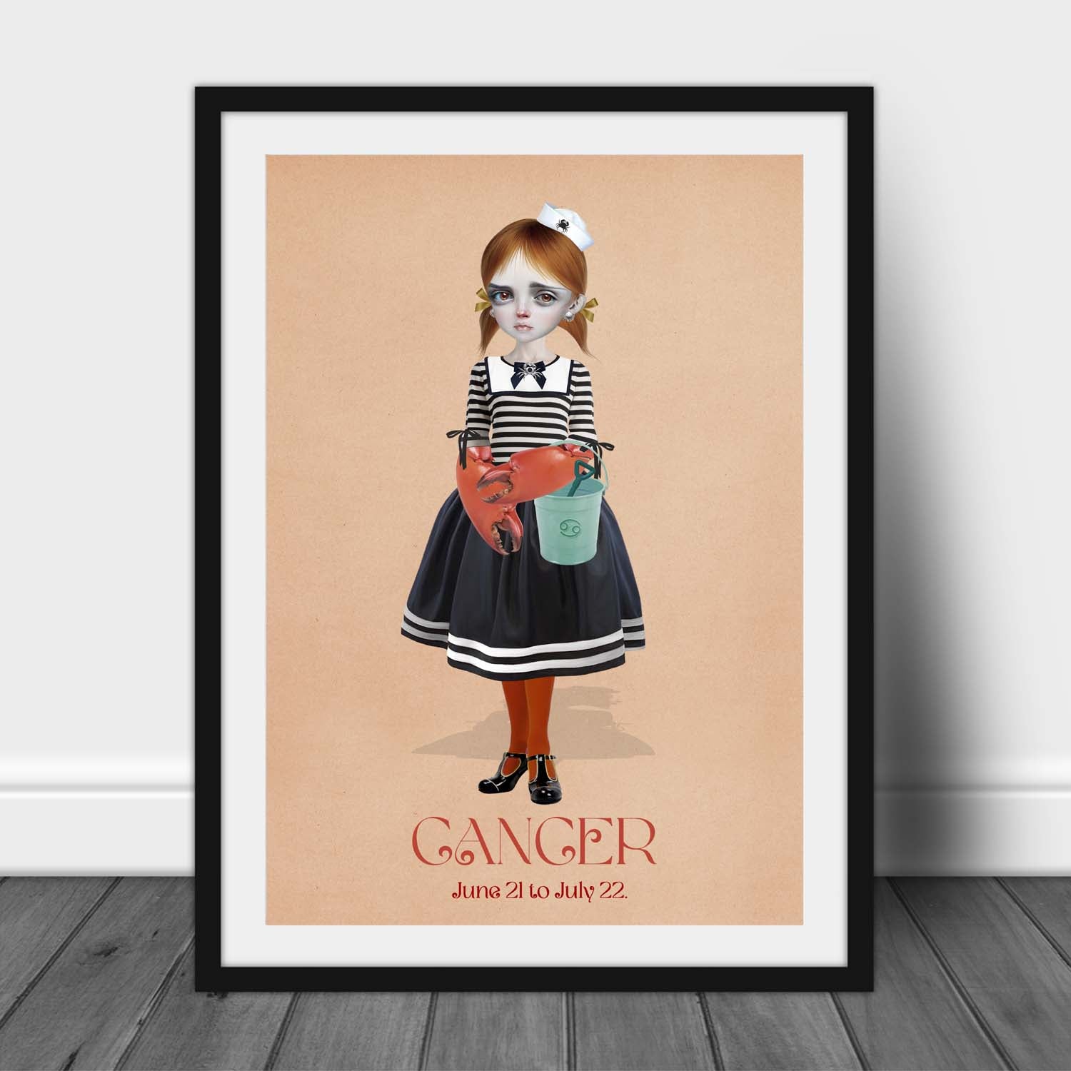 Art print of a girl representing the srar sign Cancer, leaning against a wall, creating a pop surrealism atmosphere with whimiscal and surreal elements.