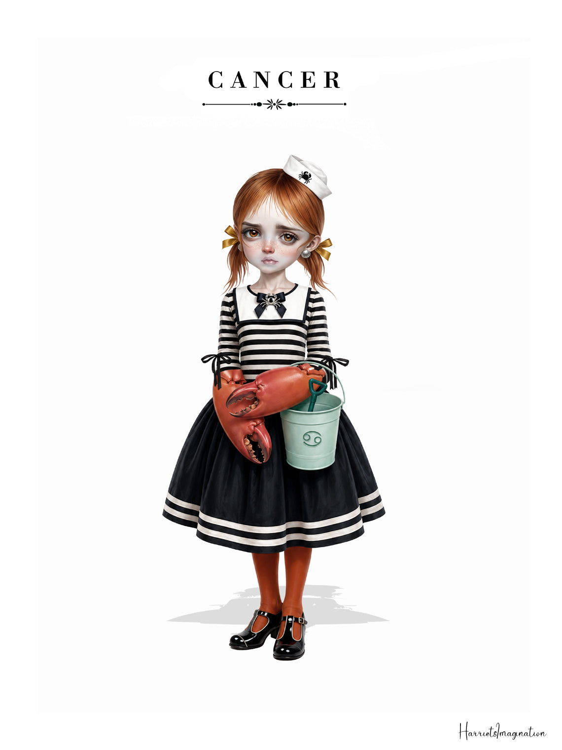  illustration of a red-haired maiden in a nautical sailor dress with crab claw hands and a beach bucket.