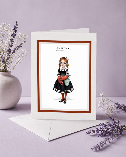 Cancer zodiac birthday card featuring an illustration of a red-haired maiden in a nautical sailor dress with crab claw hands and a beach bucket.