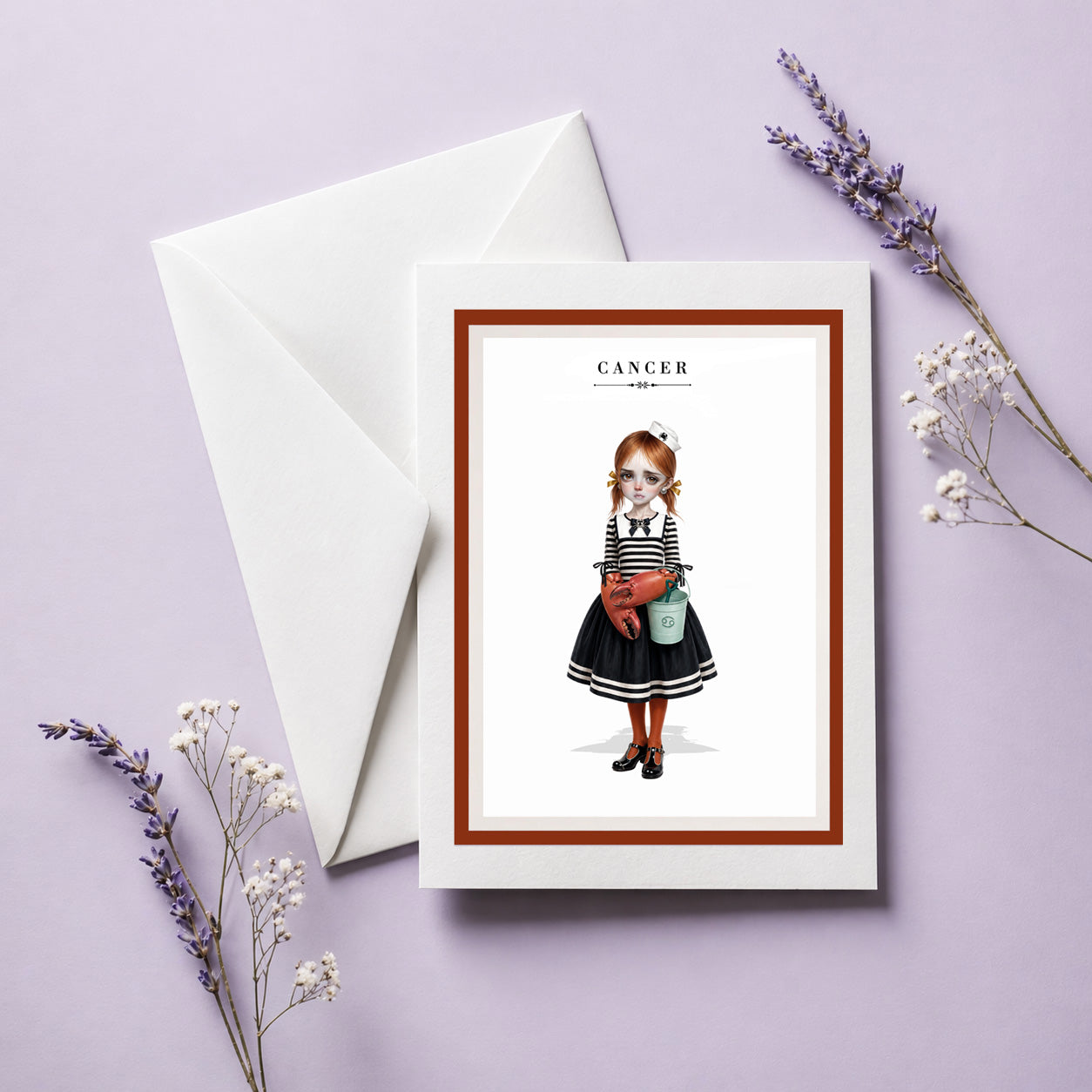 Cancer zodiac birthday card and envelope featuring an illustration of a red-haired maiden in a nautical sailor dress with crab claw hands and a beach bucket.