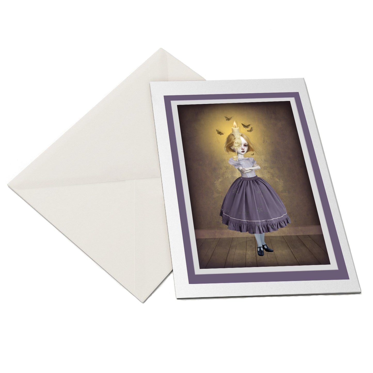 Whimsical Candle Girl greeting card in a flat lay arrangement on a white background.