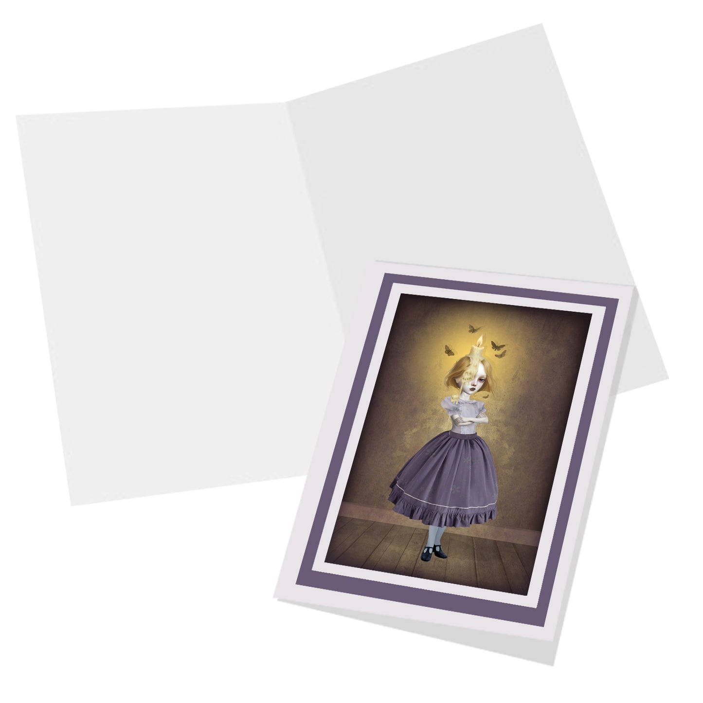 Inside view of the whimsical Candle Girl greeting card, showcasing the design and message space.