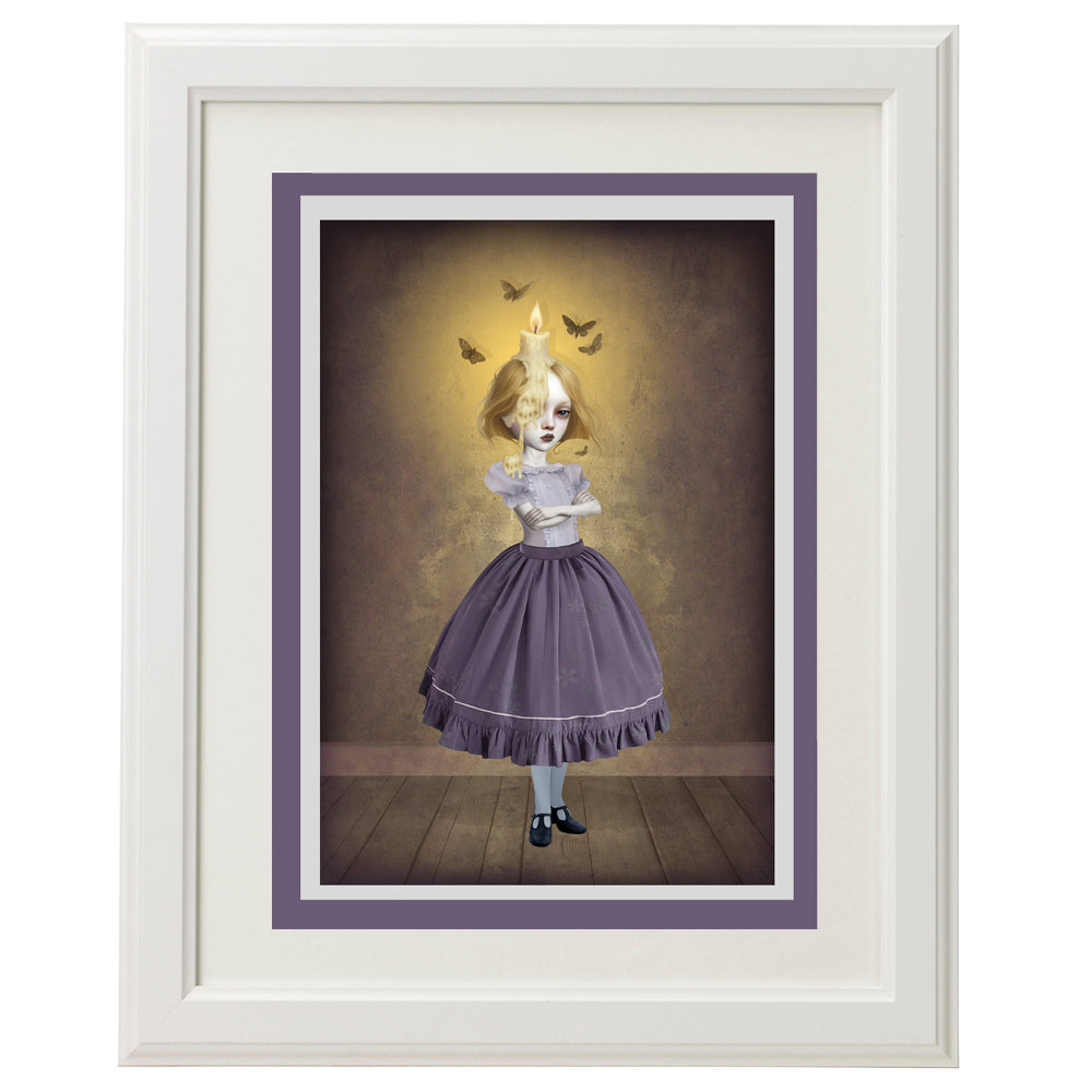Whimsical Candle Girl greeting card displayed in a frame on a white background.