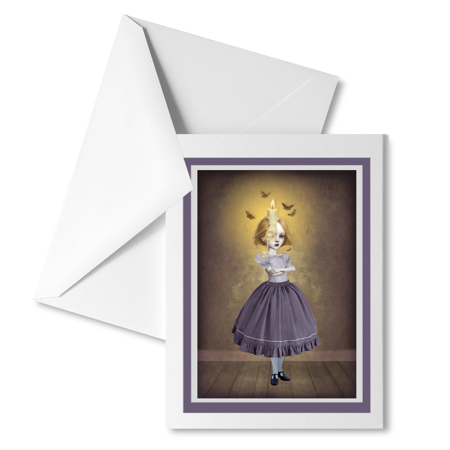 Whimsical Candle Girl greeting card displayed on a white background.