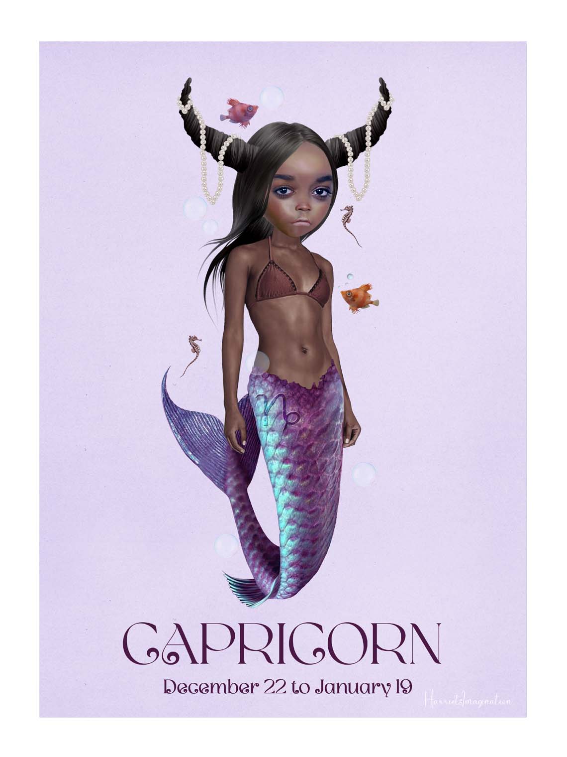 Star sign art print featuring female character representing Capricorn, displayed without a frame.