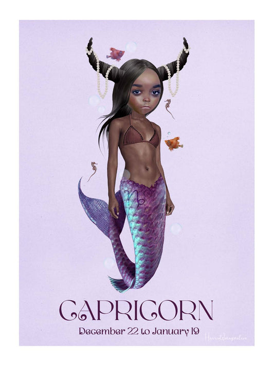 Star sign art print featuring female character representing Capricorn, displayed without a frame.
