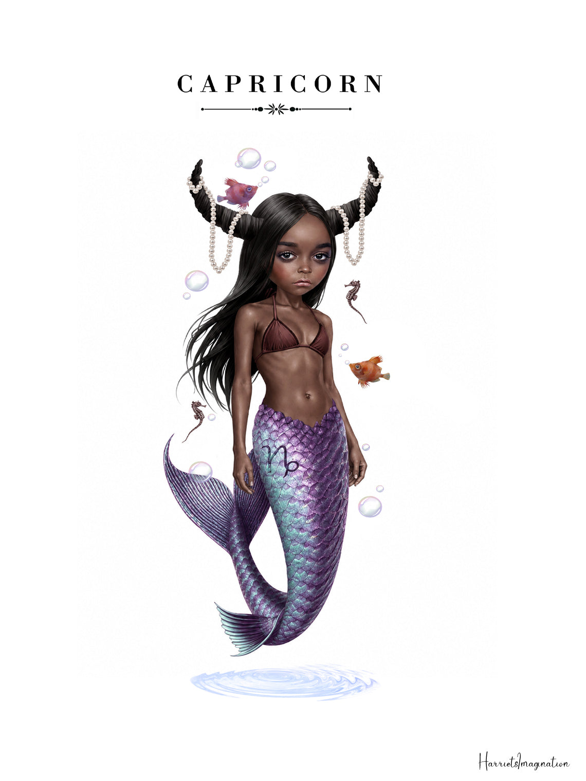 illustration of a mermaid with dark skin, goat horns draped in pearls, and a iridescent purple fish tail.