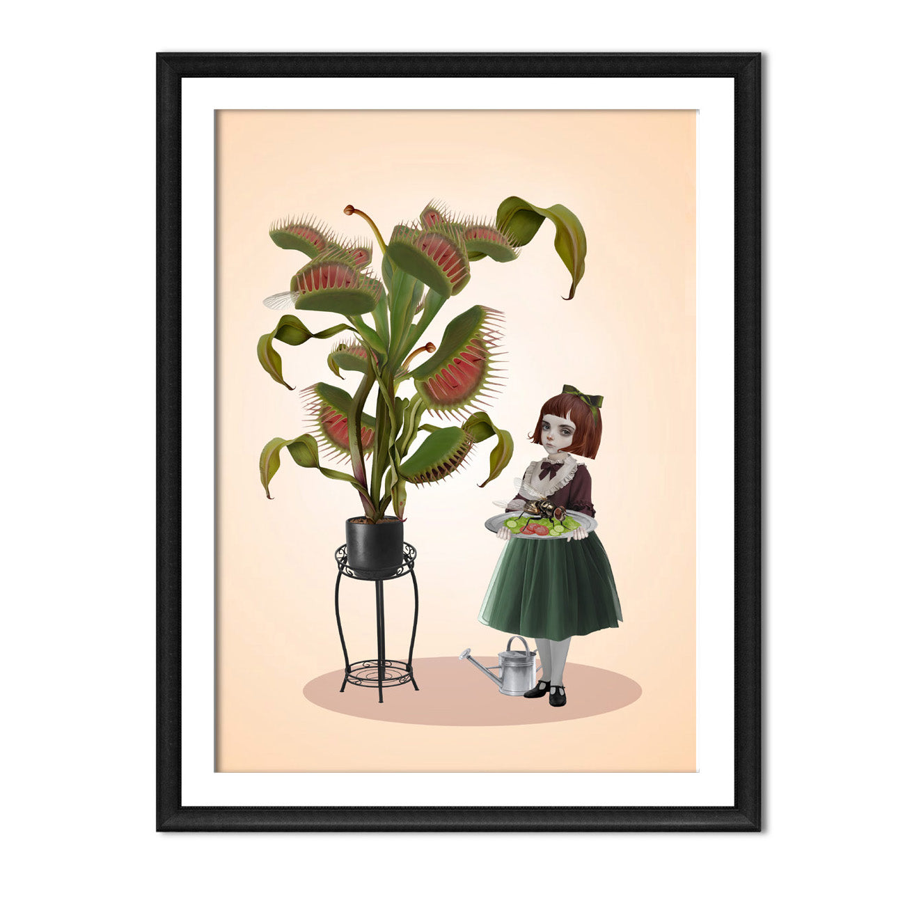 Framed quirky plant art print. Featuring a surreal scene of a girl serving a giant fly on a platter to her Venus Flytrap