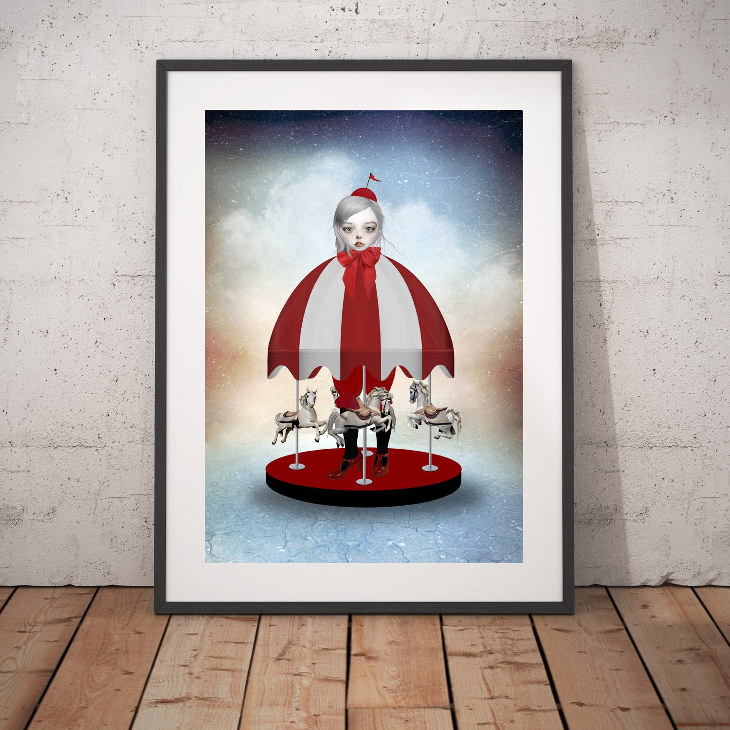 Black framed carousel girl surrounded by graceful carousel horses whimsical pop surrealism art print.
