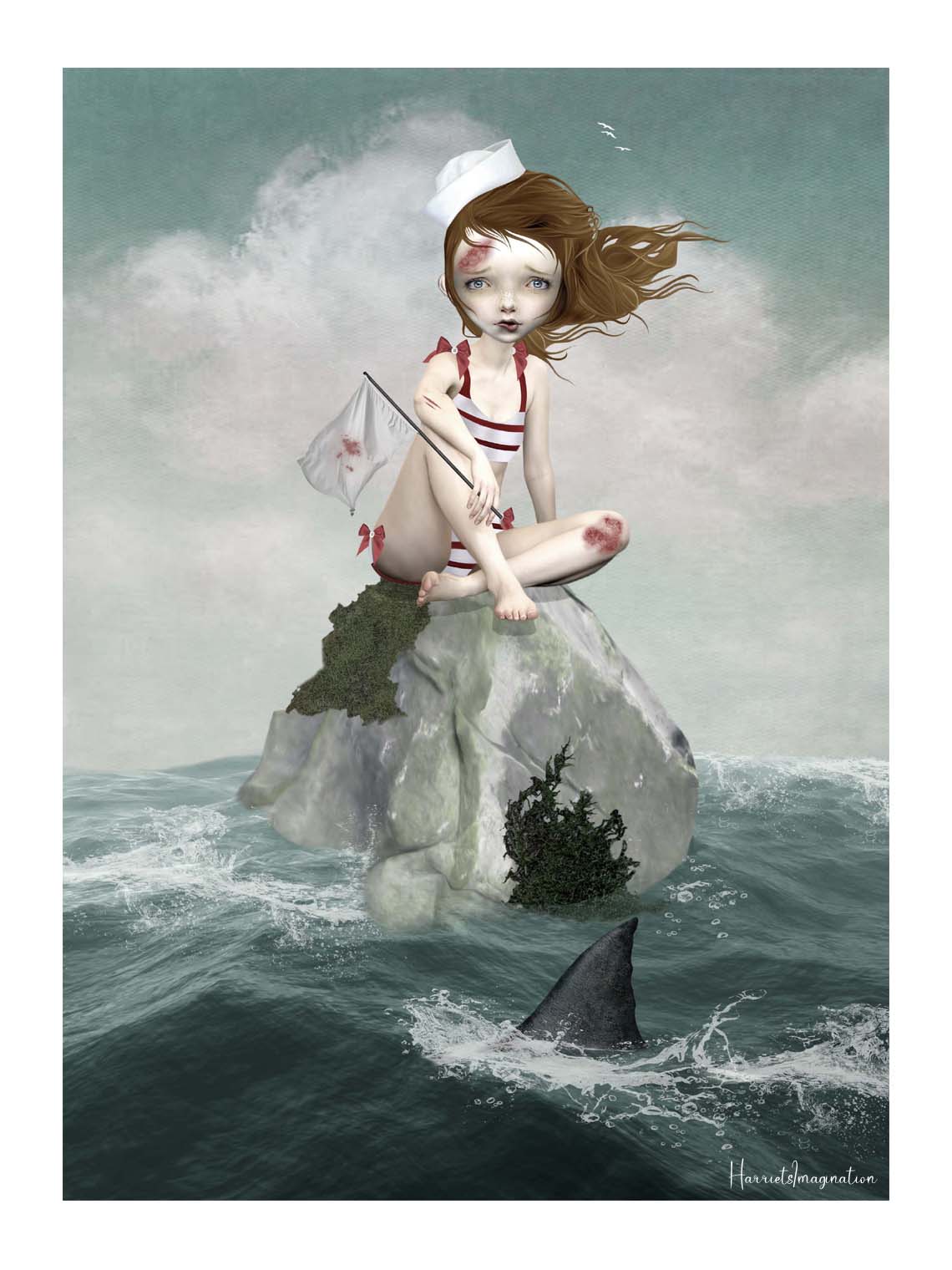 Illustration of a sailor girl sitting on a rock in the ocean stranded with a shark nearby.