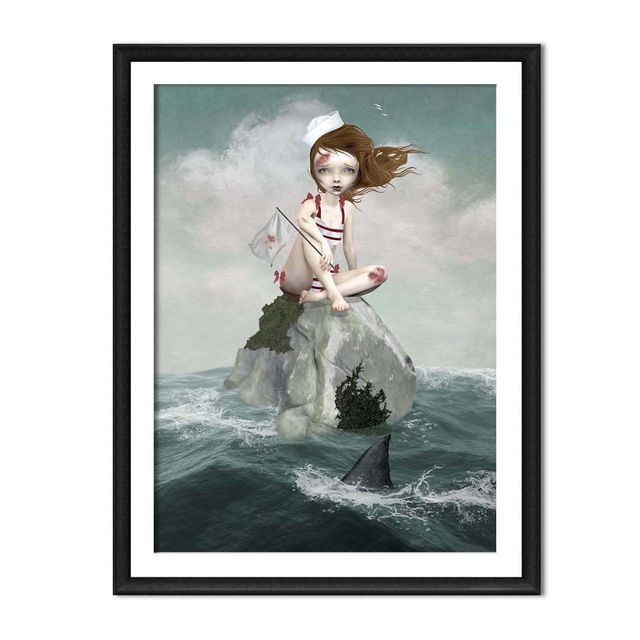 Framed artwork of a sailor girl on a rock in the ocean with a shark approaching.