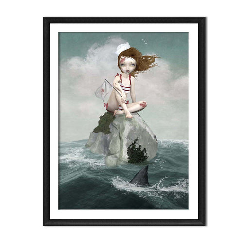 Framed artwork of a sailor girl on a rock in the ocean with a shark approaching.