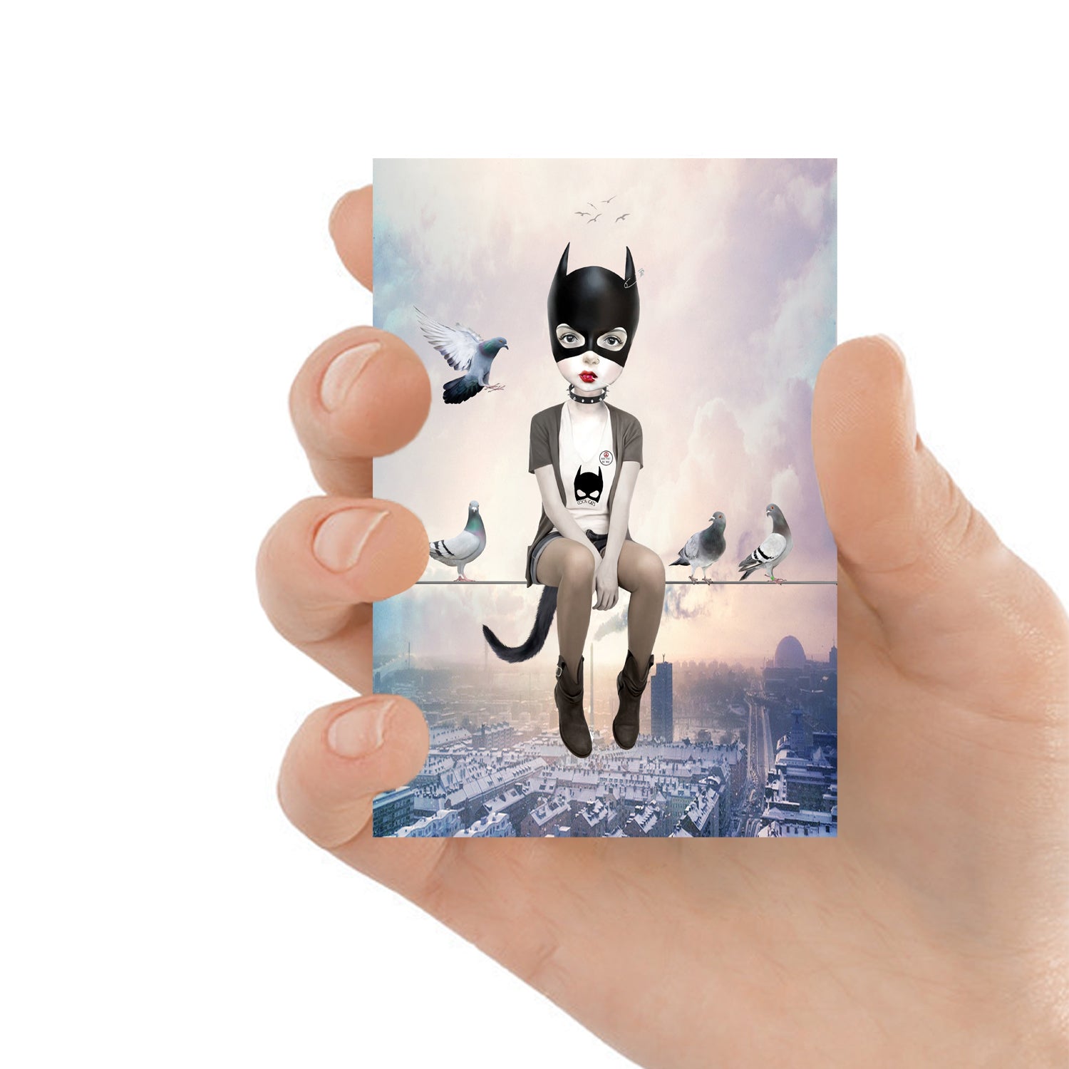 ACEO art card featuring a cat girl with pigeons, held in hand to showcase the miniature size and pop surrealism design.
