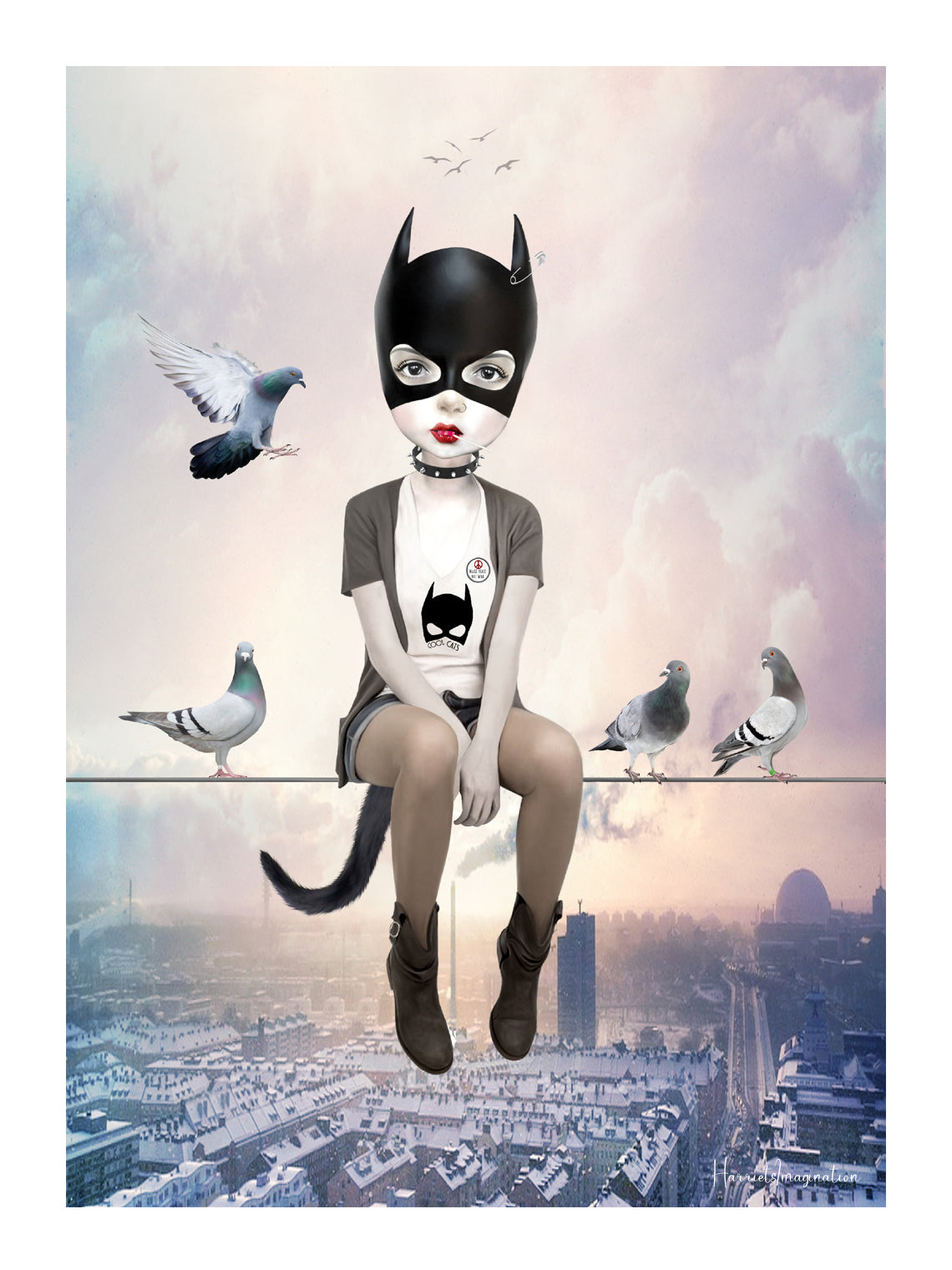 A pop surrealism art print featuring a cat girl and pigeons, displayed without a frame.