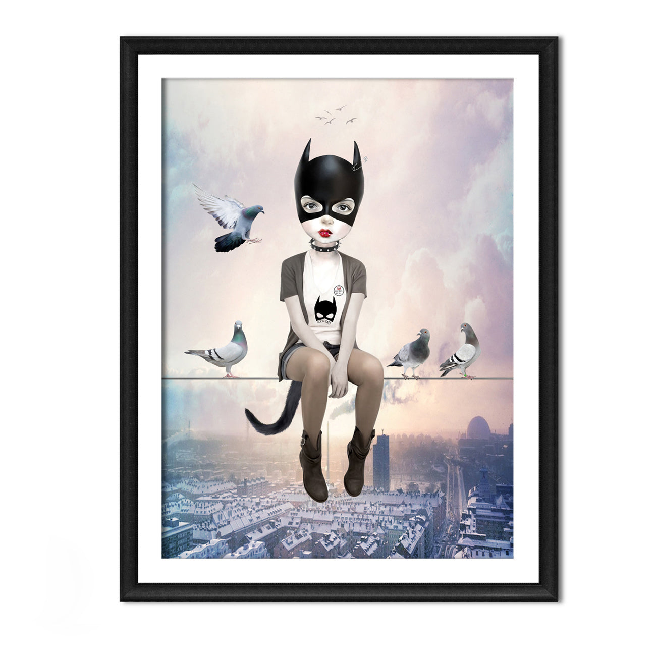 Cat girl and pigeons art print in a sleek frame, set against a white background.