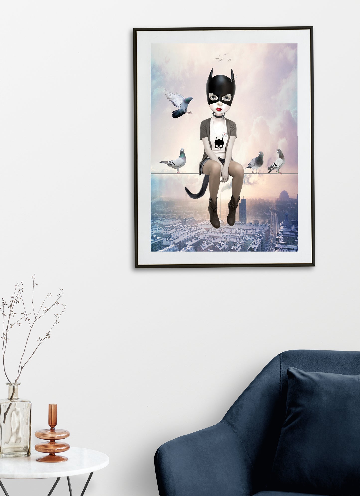 Girl and pigeons Art Print Hanging on a Living Room Wall