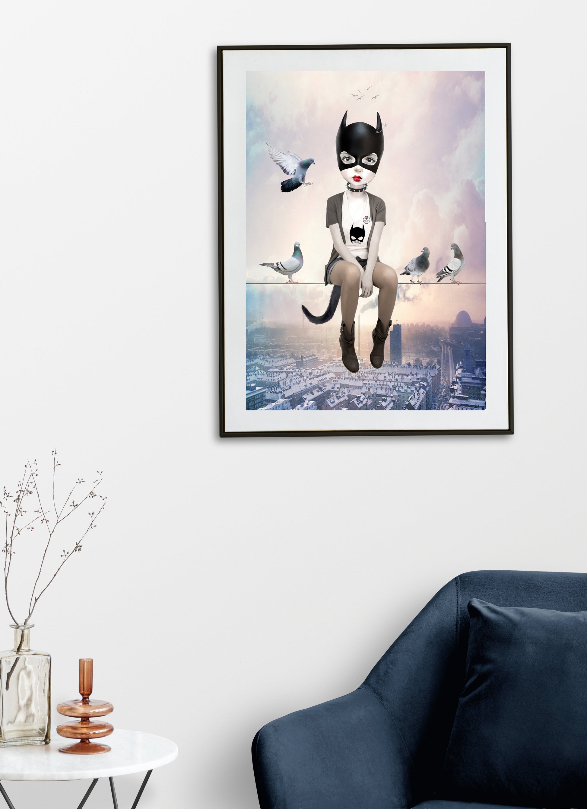 Girl and pigeons Art Print Hanging on a Living Room Wall