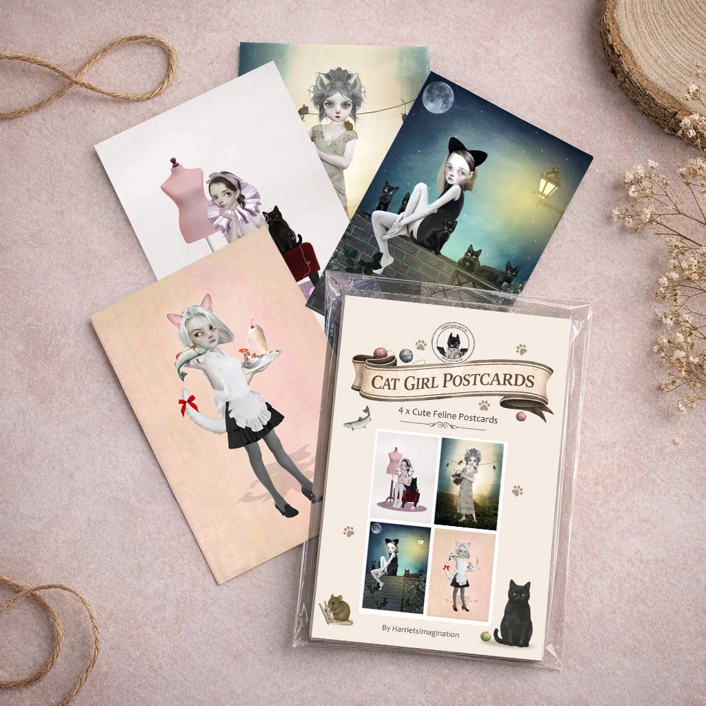 Cat girl postcards in a clear plastic packaging on a light surface with decorative elements.
