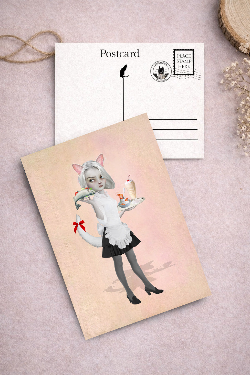 Cat girl waitress carrying a tray of food illustrated postcard.