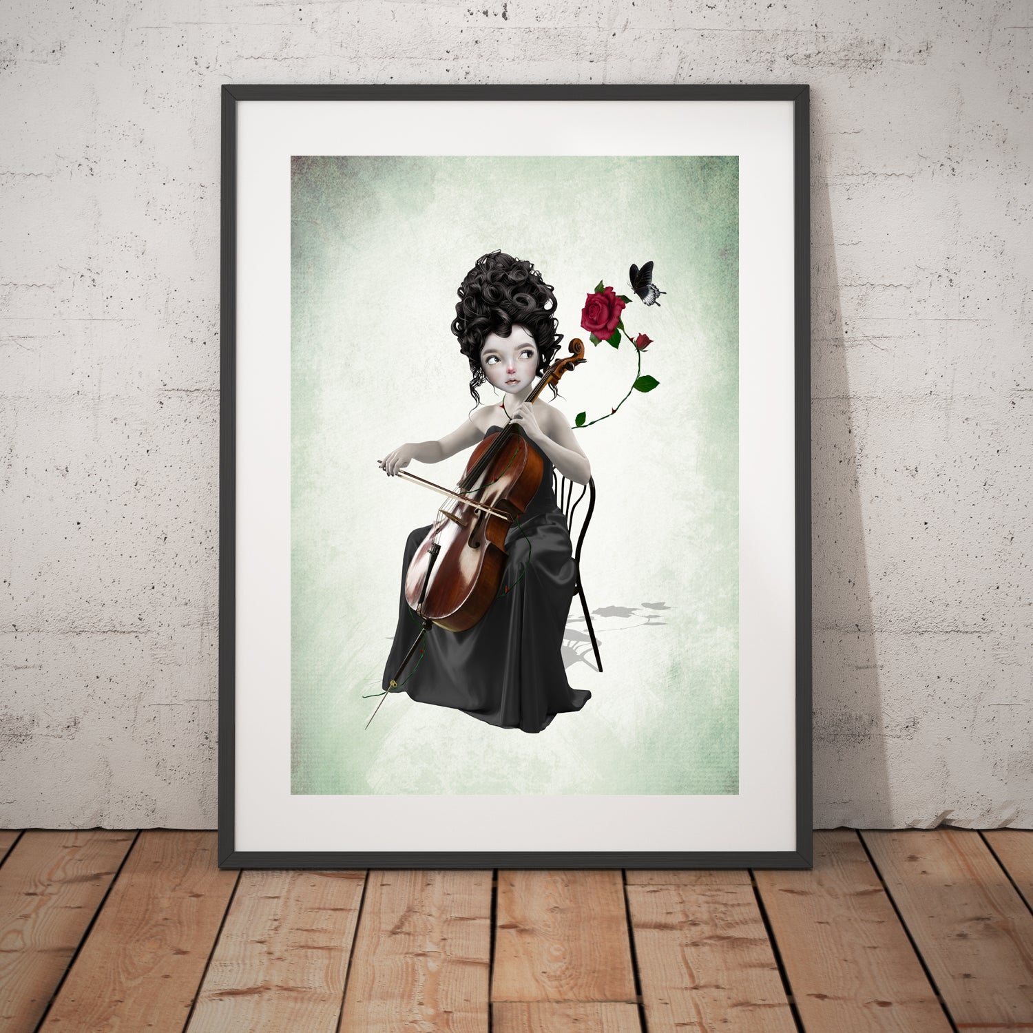 Surreal musical wall art. This surrealism art print features a cellist alongside a red rose and  butterfly.