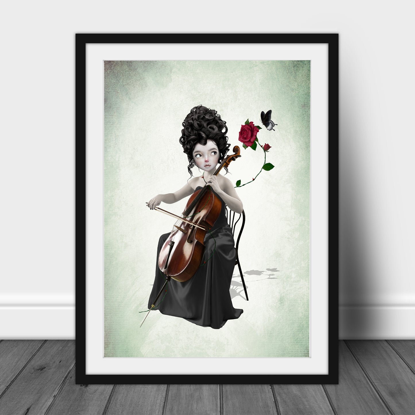 Musical wall art. This surrealism art print features a skilled cellist alongside a red rose and a butterfly.