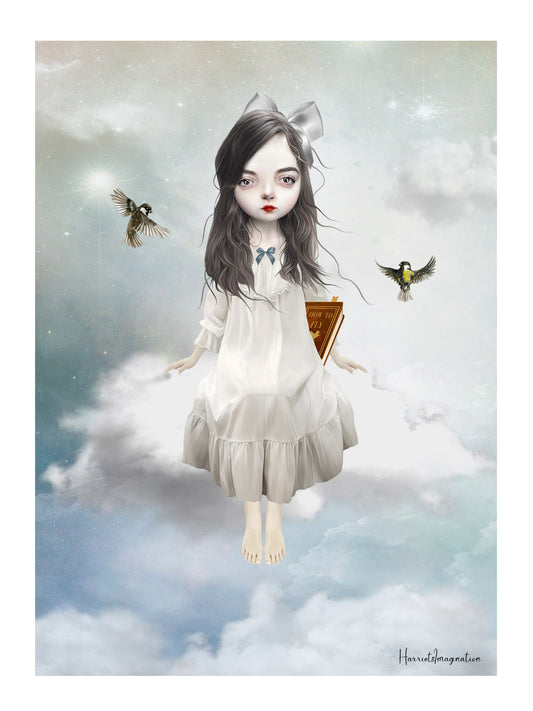 A dreamy art print featuring a girl sitting on a cloud, displayed without a frame.