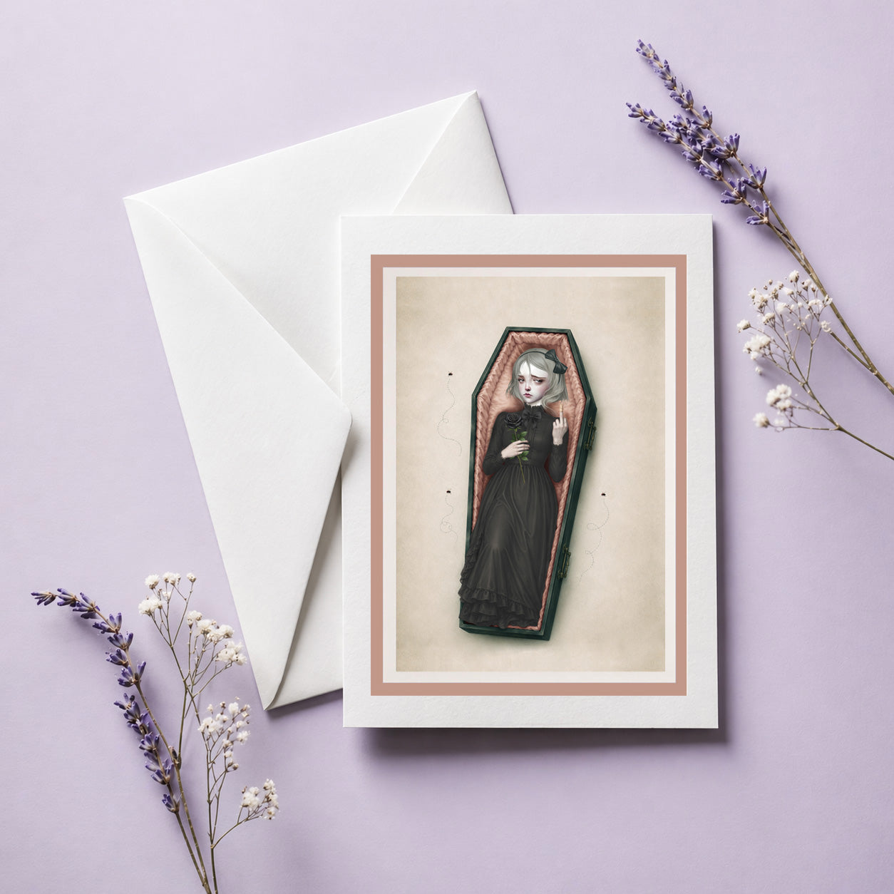 Gothic coffin girl art greeting card  with envelope is blank inside and perfectly sized to double as framed wall decor.
